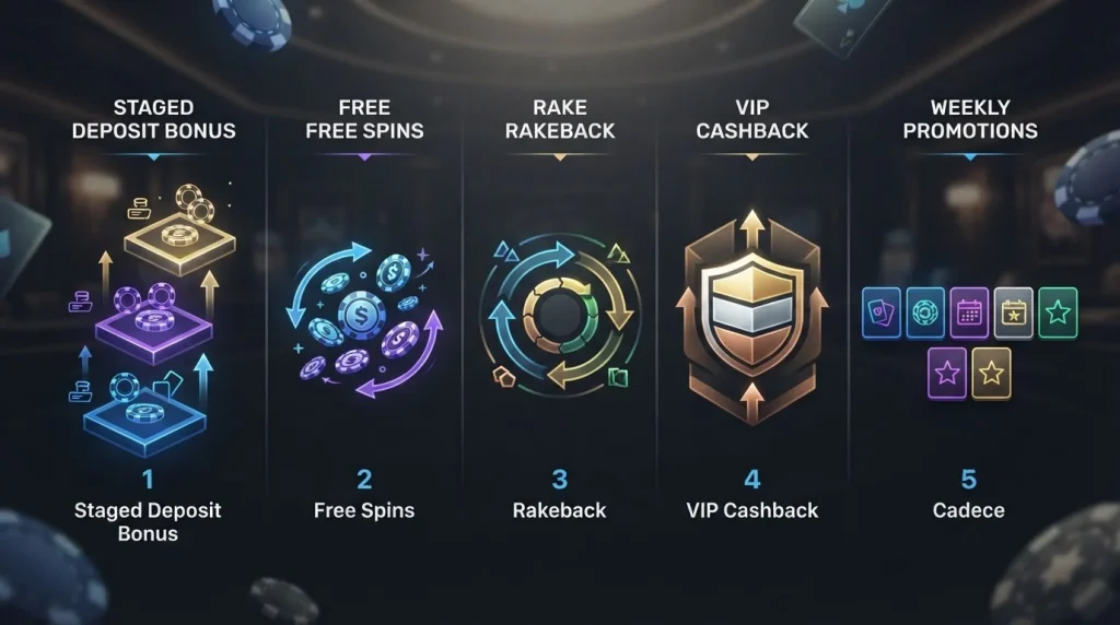 Editorial comparison of deposit bonuses, free spins, rakeback, cashback and recurring promotions