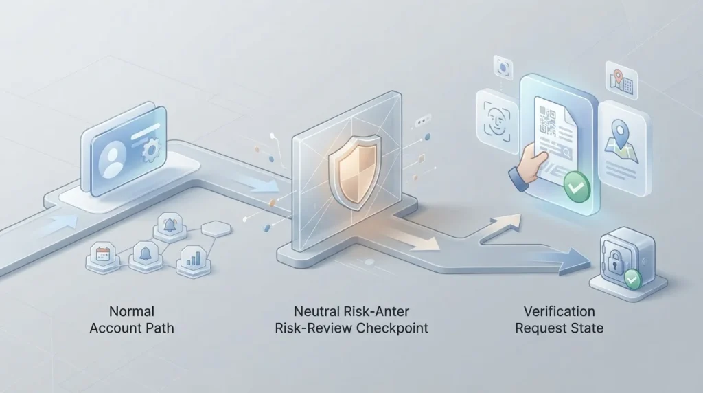 Conceptual account verification flow moving from normal account use to a suspicious-activity trigger and then a verification request