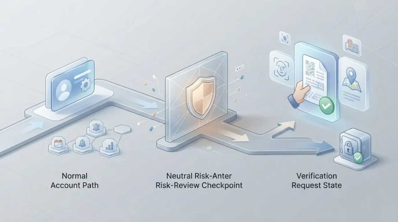 Conceptual account verification flow moving from normal account use to a suspicious-activity trigger and then a verification request