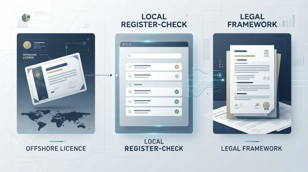 Editorial diagram separating a Curaçao licence, Australian local licence status and Australia's online casino legal framework