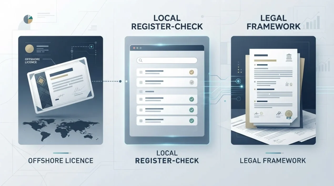 Editorial diagram separating a Curaçao licence, Australian local licence status and Australia's online casino legal framework