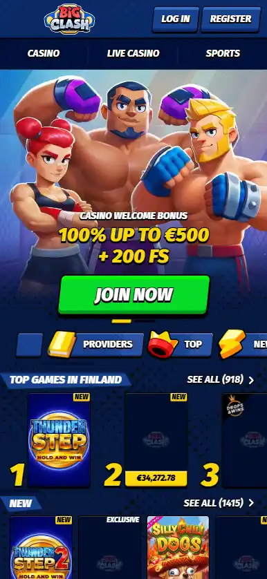 Real BigClash mobile website interface shown in a phone-sized browser viewport