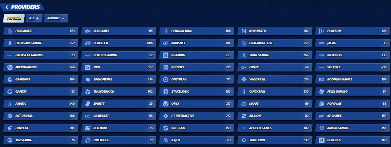 BigClash providers directory showing a list of casino game studios