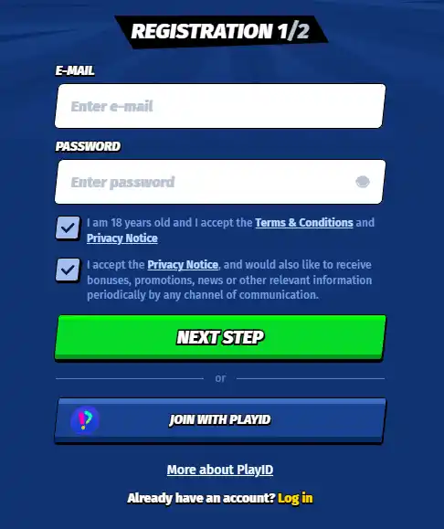 BigClash registration screen showing the available account creation routes