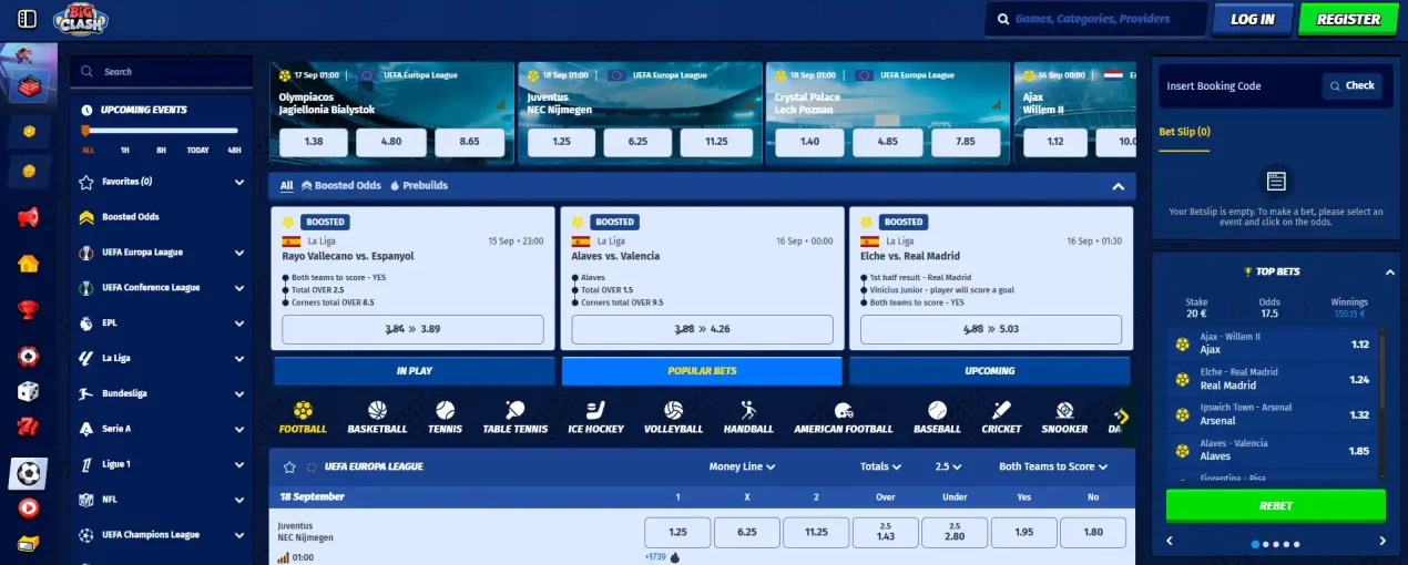 BigClash sportsbook interface showing sports navigation and betting categories