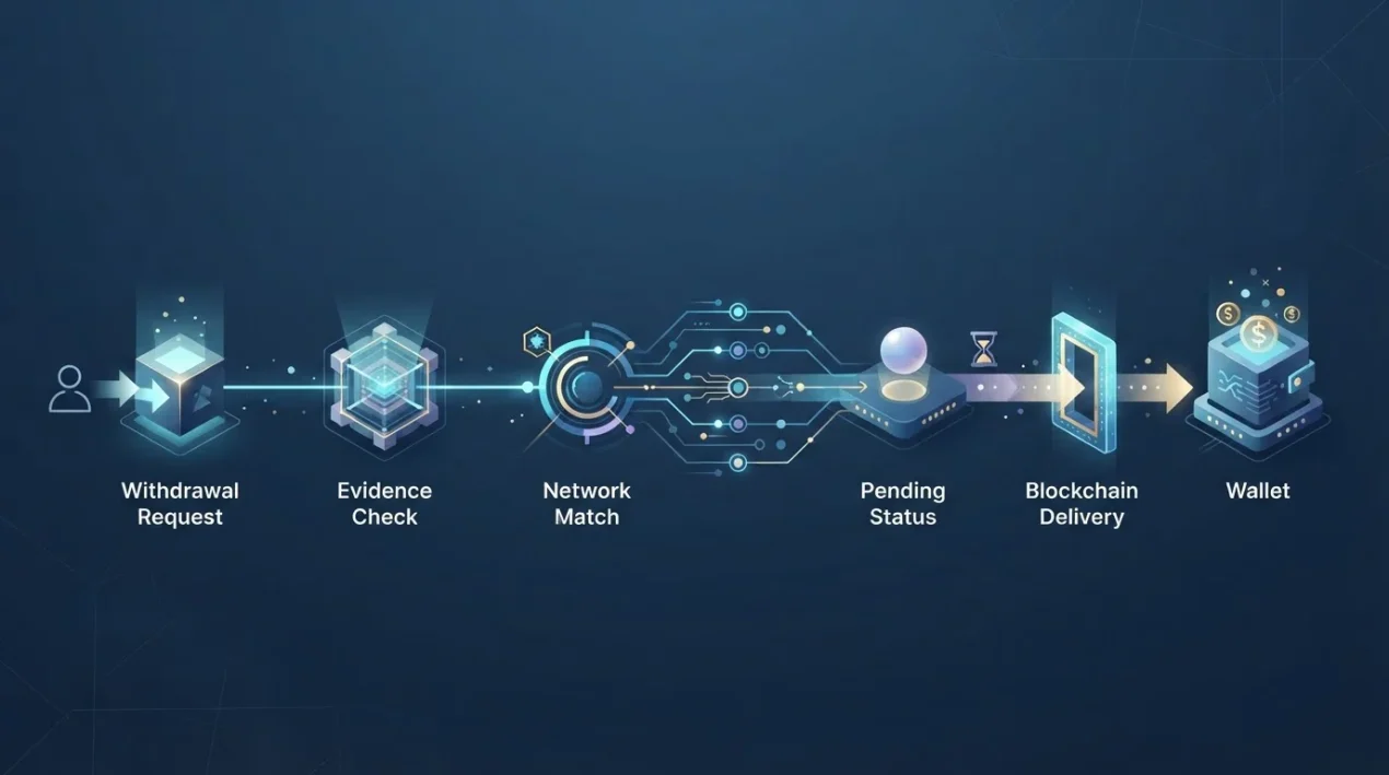 Editorial crypto withdrawal verification flow from request availability through network checks and evidence review
