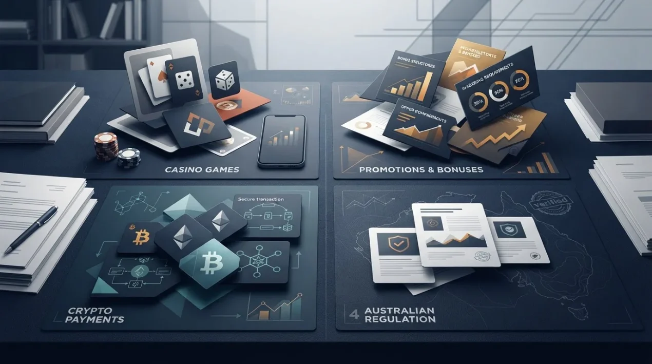 Abstract editorial review workspace comparing games, bonuses, crypto payments and Australian regulation