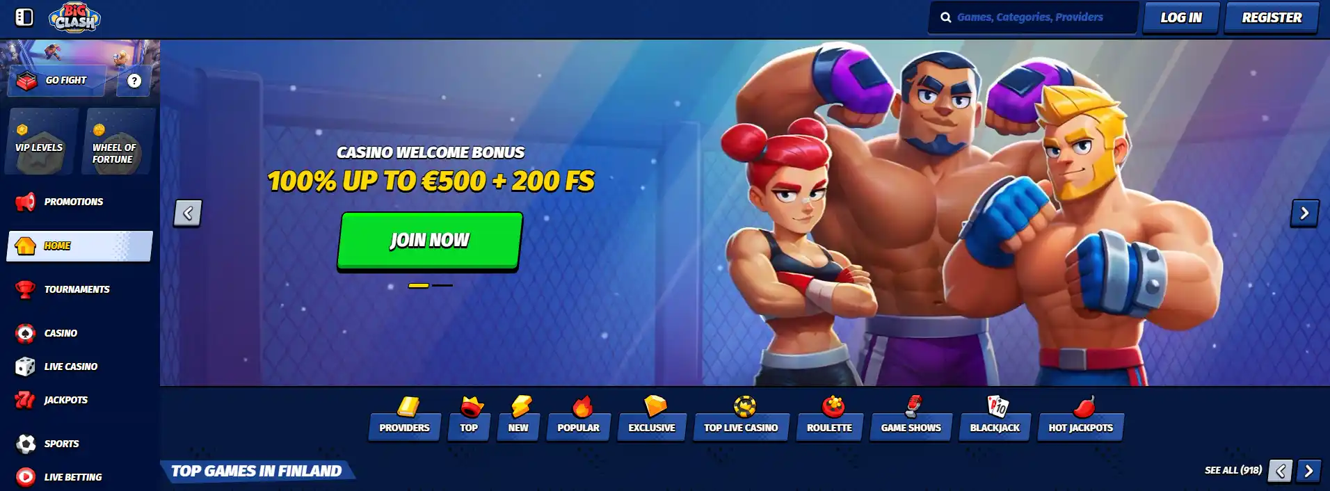 Real BigClash homepage interface showing casino, live casino and sports navigation